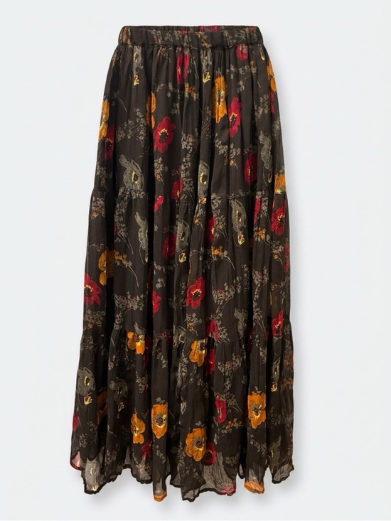 krazy kat Dresses & Skirts - Krazy Kat Women’s Brown Maxi Skirt with Red & Orange Floral Print Size L Autumn